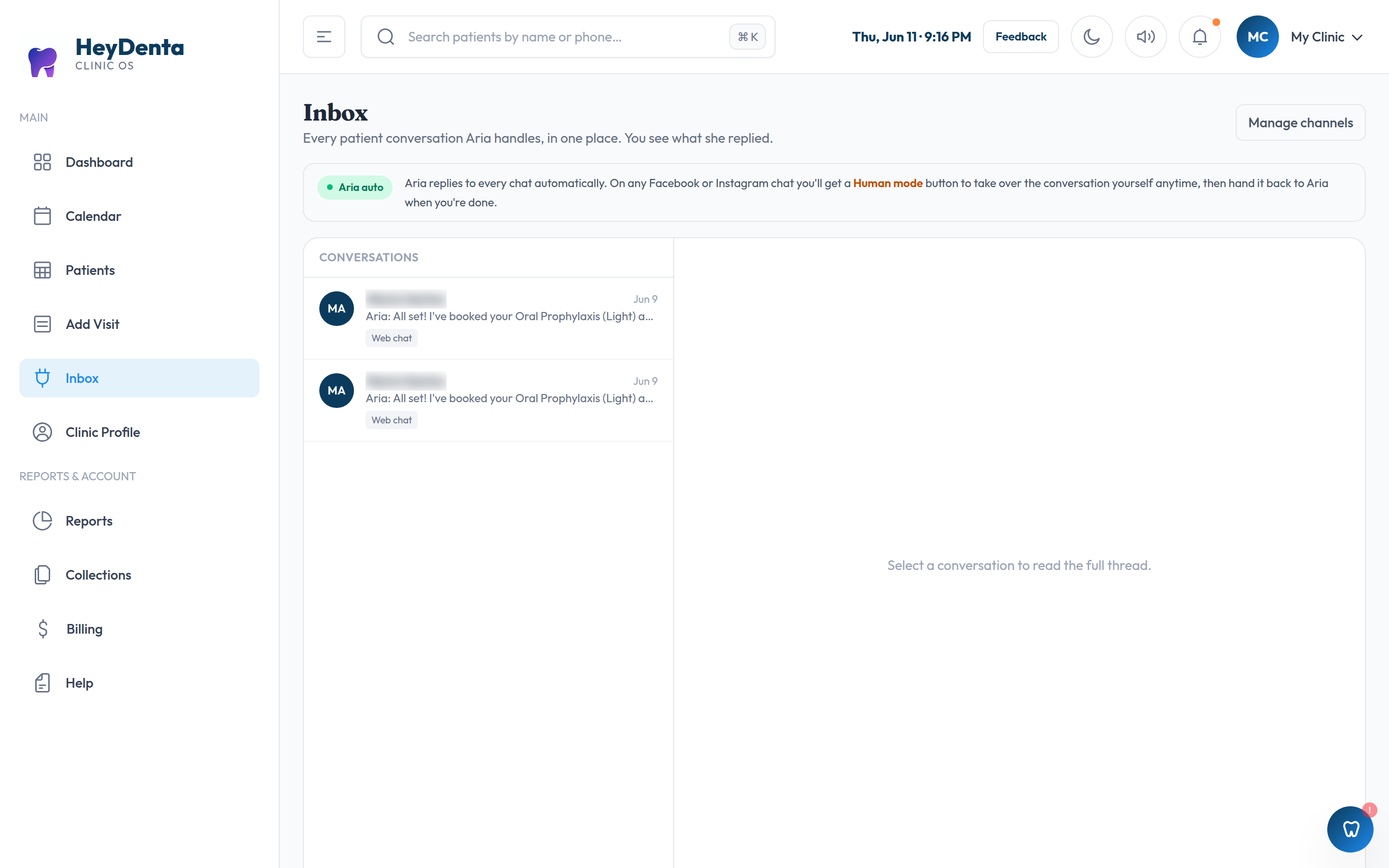 HeyDenta inbox — Aria auto-replying to patients