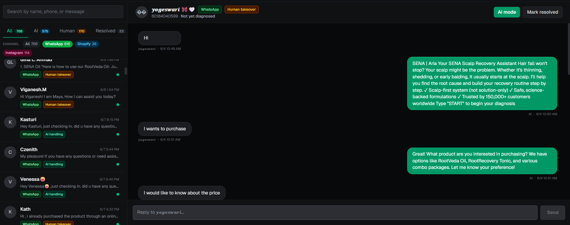 SENA's Aria AI assistant replying to a customer with a scalp-recovery recommendation and product offer
